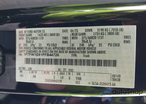 2023 Ford F-150 Lariat from USA, damaged, VIN 1FTFW1E81PFB44726